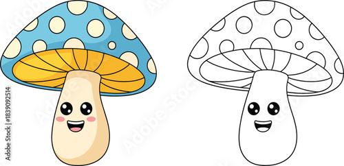 Cute happy cartoon mushroom character with a blue and white spotted cap, smiling fungi mascot, funny nature element vector illustration