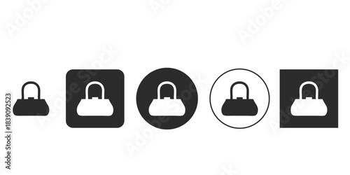 Black and white handbag icon set for UI design | Minimalist shopping purse pictogram vector collection | Monochrome woman's fashion accessory symbol illustrations | Flat design eCommerce cart 