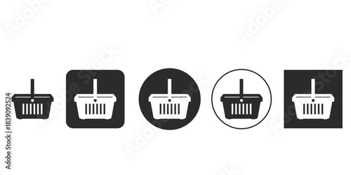 Black and white shopping basket icon for e-commerce design | Simple minimalist grocery cart glyph vector set | UI design solid style retail symbol collection | Download flat monochrome shopping icon