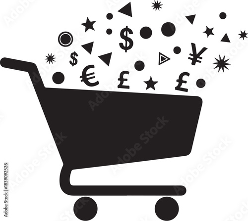 Shopping cart overflowing with currency symbols and shapes