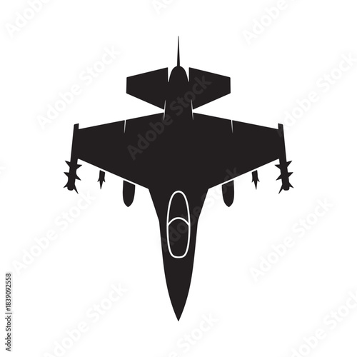 Military fighter jet top view with missiles ready for combat mission flat vector icon