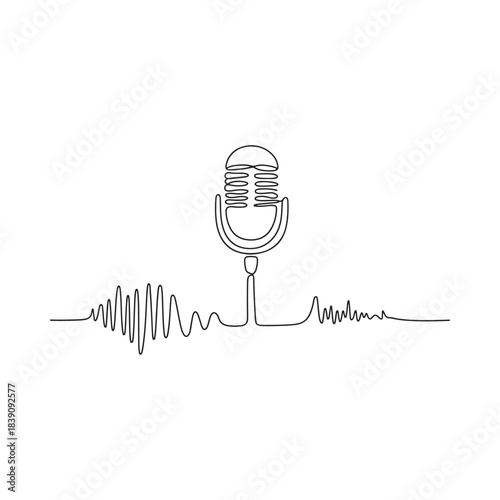 Vintage microphone with sound wave illustration representing podcasting and audio recording single line vector art
