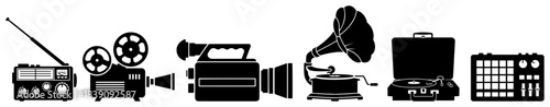 Retro audio and video technology silhouette icon set featuring radio camera and gramophone