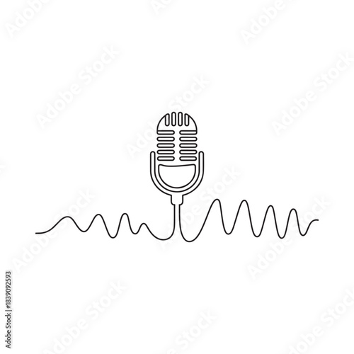 Retro style microphone with continuous sound wave pattern for podcast and audio content single line vector art