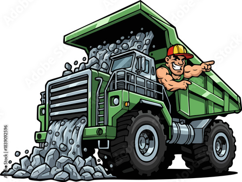 Cartoon Heavy Dump Truck Dumping Gravel with Muscular Driver