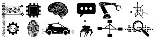 Artificial intelligence and future technology icon set featuring robot brain and smart car