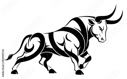 Stylized running bull silhouette with tribal tattoo art details and aggressive stance