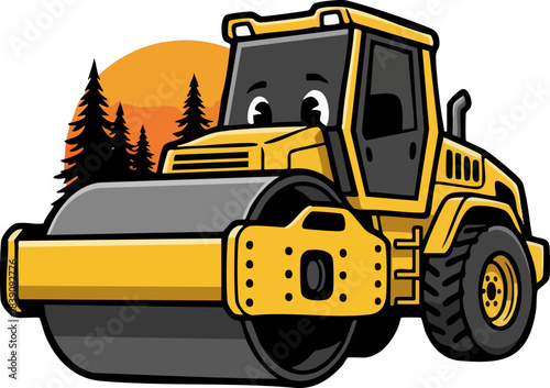 Cute Yellow Construction Road Roller Vector Graphic