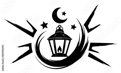 Islamic Ramadan lantern and crescent moon silhouette with grunge brush strokes