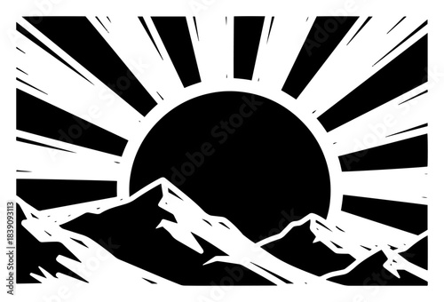 Retro mountain landscape silhouette with rising sun and big sunburst rays in black and white woodcut style