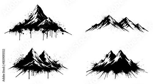 Grunge mountain silhouette set with black ink splatter and paint drip effect featuring rocky peaks collection