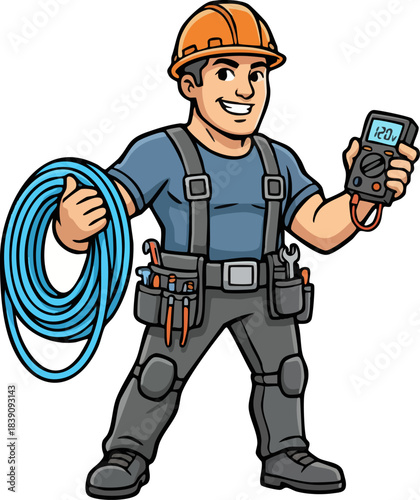 Professional Electrician Worker Holding Tools and Wire