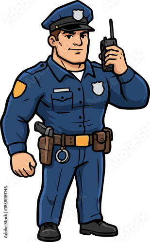 Cartoon Police Officer Holding Walkie Talkie Radio