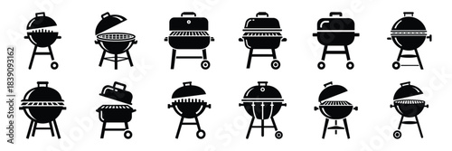 A collection of bbq grill silhouette icon set. simple design black color and white background.