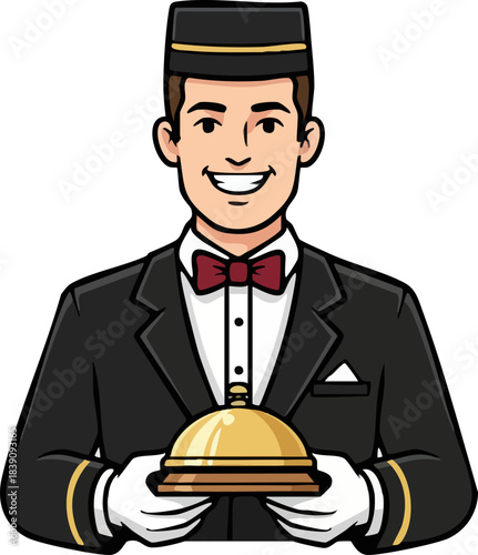 Smiling Hotel Porter Holding Golden Service Bell Illustration