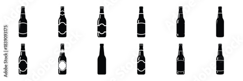 A collection of beer bottle silhouette icon set. simple design black color and white background.