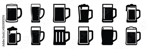 A collection of beer mug silhouette icon set. simple design black color and white background.