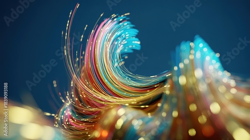 Glowing light streaks spiral dynamically over a dark teal gradient colored background in this artistic abstract