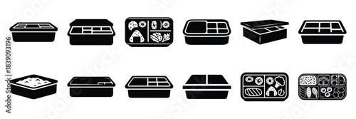 A collection of bento box silhouette icon set. simple design black color and white background.