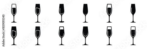 A collection of champagne glass silhouette icon set. simple design black color and white background.