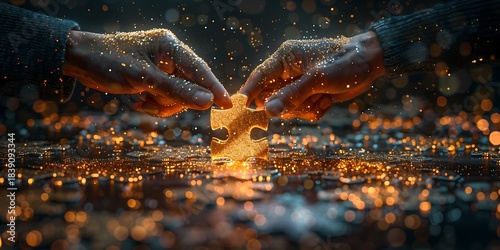 Panoramic shot of two hands fitting the last piece of a jigsaw puzzle, symbolizing collaboration and problem-solving with sparkling lights in the background