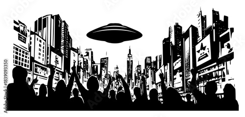 UFO flying saucer hovering over city crowd in metropolis with people pointing at alien invasion silhouette