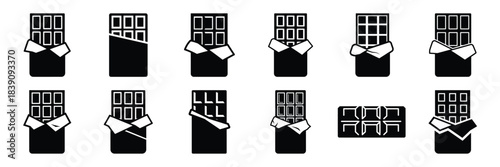 A collection of chocolate bar silhouette icon set. simple design black color and white background.