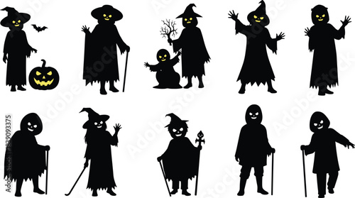 Halloween, character, silhouette, posture, gesture, witch, cloak, cane, jack-o'-lantern, bat, tree, spooky, setup, costume, eerie, vector, black, pose, flavector, minimal, glowing
