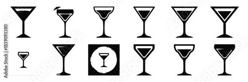 A collection of cocktail glass silhouette icon set. simple design black color and white background.