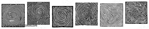 Abstract hypnotic spiral textures set vector collection of black and white optical illusion square patterns with wavy lines and fingerprint style