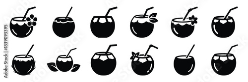 A collection of coconut drink silhouette icon set. simple design black color and white background.