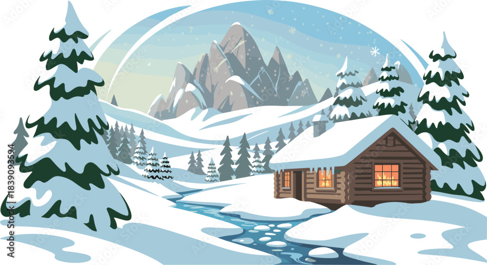 Naklejka premium Cozy snow-covered log cabin in a winter mountain landscape, frozen stream, pine trees, and evening sky, festive holiday vector illustration