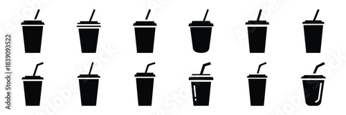 A collection of cup with straw silhouette icon set. simple design black color and white background.