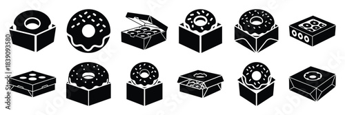 A collection of donut box silhouette icon set. simple design black color and white background.