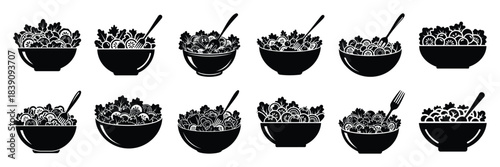 A collection of fresh salad bowl silhouette icon set. simple design black color and white background.