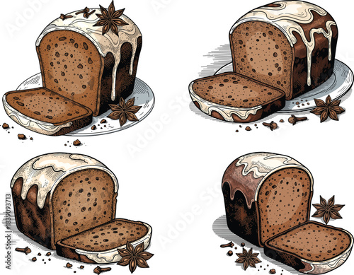 Polish Piernik Gingerbread Loaf Food Icon Set Traditional Spiced Cake Slice Dessert Vector Art Illustration