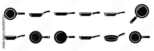 A collection of frying pan silhouette icon set. simple design black color and white background.