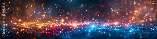 Panoramic Abstract Background of Orange and Blue Bokeh Lights with Glittering Effect
