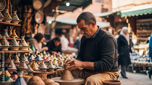 Skilled Moroccan Artisan Handcrafting Pottery in a Vibrant Traditional Souk Market with Colorful Tagines