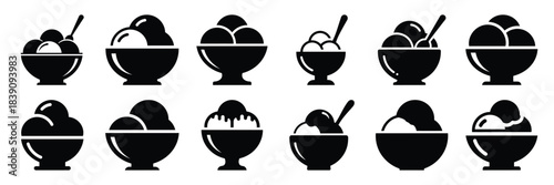 A collection of ice cream bowl silhouette icon set. simple design black color and white background.