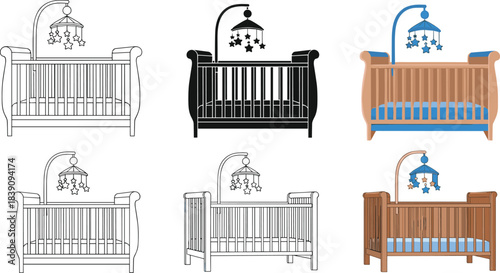 Baby, crib, mobile, silhouette, outline, bedding, furniture, nursery, star, sleep, setup, childhood, infant, vector, black, pose, flavector, minimal, wooden, sideview