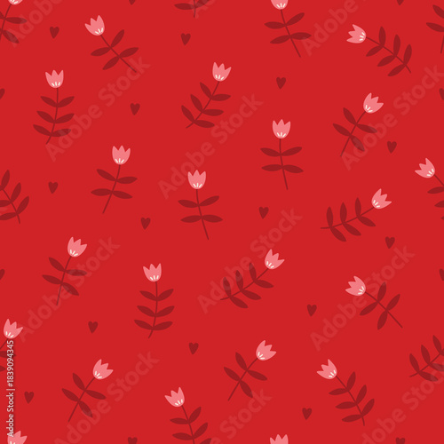 Valentine's Day seamless pattern with flowers and hearts on red background. Perfect for wallpaper, gift paper, romantic greeting cards. Vector hand drawn illustration
