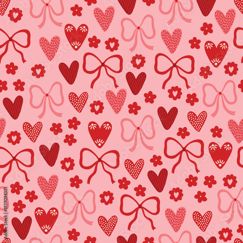 Valentine's Day seamless pattern with bows, flowers and hearts on pink background. Perfect for wallpaper, gift paper, romantic greeting cards. Vector hand drawn illustration