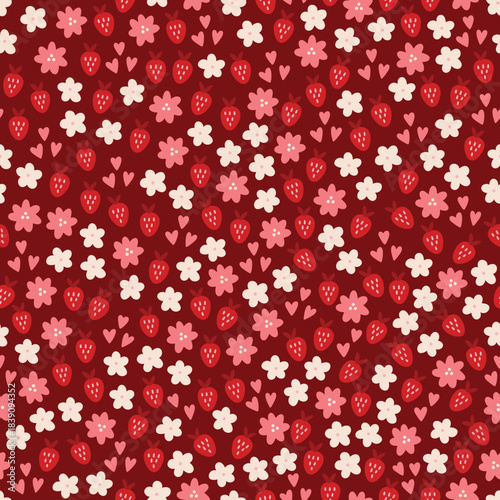 Valentine's Day seamless pattern with flowers, strawberries and hearts on dark red background. Perfect for wallpaper, gift paper, romantic greeting cards. Vector hand drawn illustration