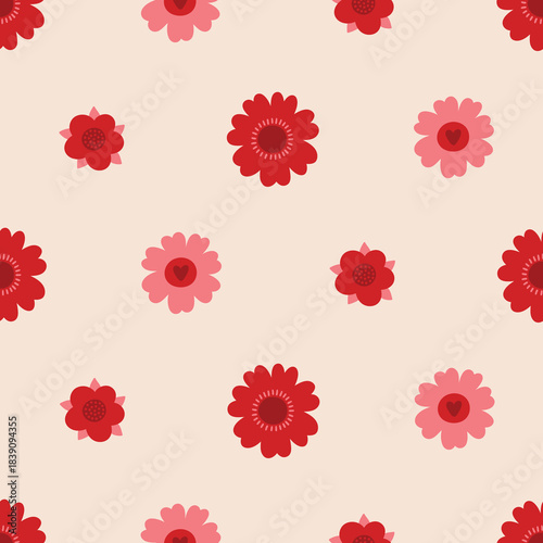 Valentine's Day seamless pattern with bright flowers on white background. Perfect for wallpaper, gift paper, romantic greeting cards. Vector hand drawn illustration