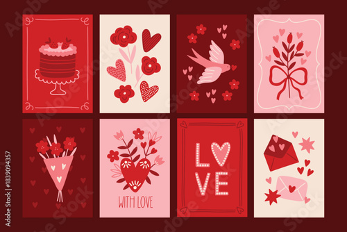 Valentine's Day greeting cards with cake, flowers, hearts, swallow, bow, bouquet, love letters in Red, Pink and White. Perfect for holiday decoration. Vector illustration