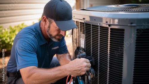 Technician checks the air conditioner system next to a home. HVAC condenser technical inspection