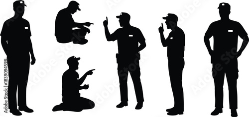 Silhouettes of person in cap performing gestures, pointing, kneeling, sitting cross-legged, silence sign, casual posture illustration