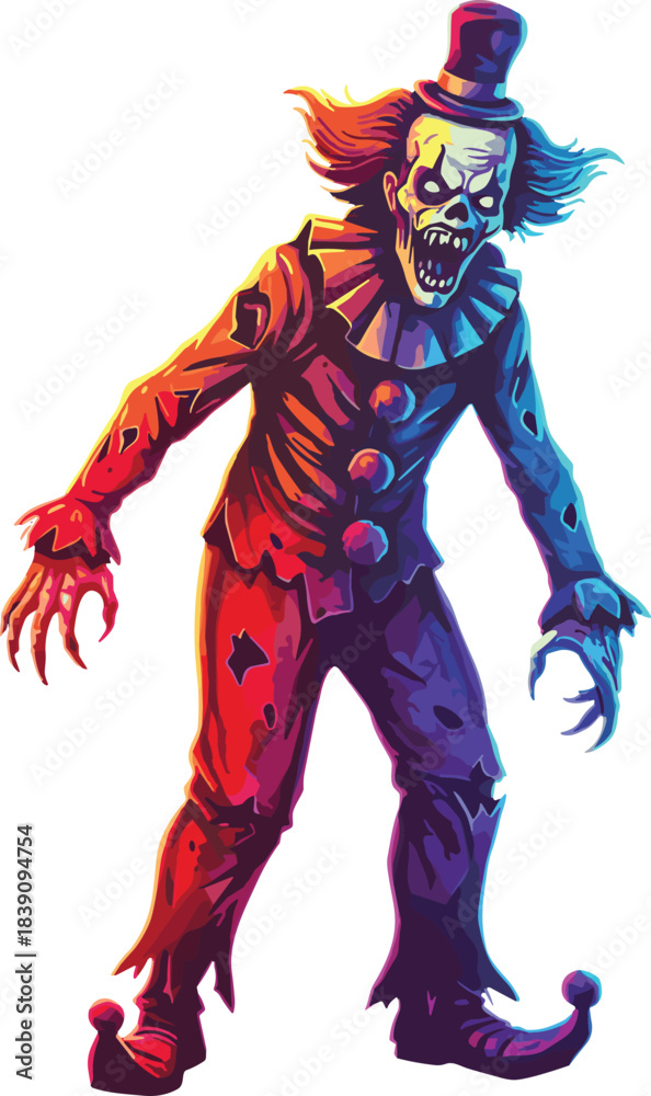 Fototapeta premium Sinister clown character, creepy grin, red blue costume, wild orange hair, top hat, horror fantasy concept, surreal Halloween illustration