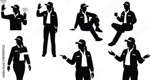 Silhouettes of uniformed person gesturing, pointing, waving, sitting, walking, explanatory posture set, communication and service role illustration